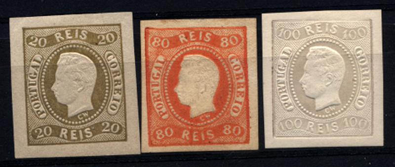 2721.jpg -     Lote:    2721      Lotes pelo Correio       Portugal       Descrição:         Reimpressões de 1905 * 1866/67 &mdash; D. Luís I. Fita curva, não denteados. Lote de 3 reimpressões nos valores de 20, 80 e 100 reis, CE21, 24 e 25. Valor de catálogo &euro; 240,00.        R**/*       Valor Base:     &euro; 25,00     Valor Venda:     &euro; 25,00     