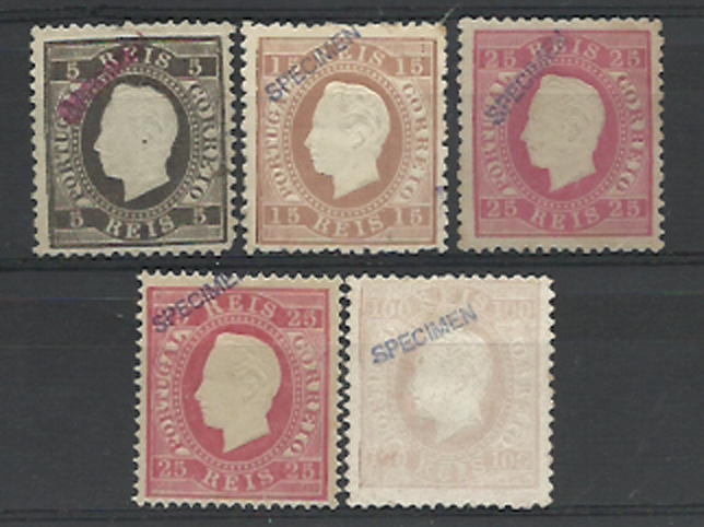 2728.jpg -     Lote:    2728      Lotes pelo Correio       Portugal       Descrição:         1870/76 &mdash; D. Luís I, fita direita. Reimpressões de 1885. CE36, 38, 40 (2) e 43. Selos originais distribuídos com as reimpressões, com sobrecarga oblíqua "SPECIMEN" batida a azul. Alguns defeitos. Lote a ver.        R*       Valor Base:     &euro; 20,00     Valor Venda:     Retirado     