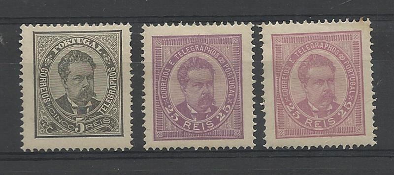 2742.jpg -     Lote:    2742      Lotes pelo Correio       Portugal       Descrição:         Reimpressões de 1905. 1884/87 &mdash; D. Luís I de frente. Novos valores. Três reimpressões, de 5, 25 reis violeta azul e 25 reis lilás rosa (pequeno ponto de ferrugem), todas em denteado 13 &frac12;. Valor de catálogo &euro; 150,00.        R**       Valor Base:     &euro; 18,00     Valor Venda:     Retirado     