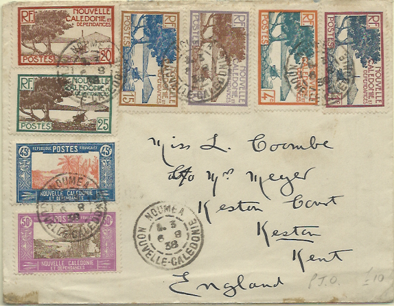 2786.jpg -     Lote:    2786      Lotes pelo Correio              Descrição:      Nova Caledónia &mdash;   1928/38 &mdash; Paisagens. Sobrescrito circulado de Noumer (06.08.38) para Kent, com selos de 1, 4, 10, 15, 20, 25, 45 e 50c Yv139, 141, 143/146, 149/150.        Carta       Valor Base:     &euro; 20,00     Valor Venda:     Retirado     