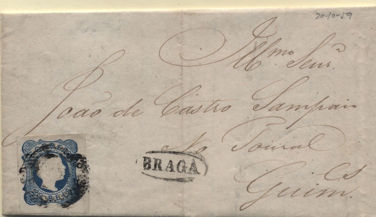 0339.jpg -     Lote:    339            Portugal        Descrição:         1856/58 &mdash; D. Pedro V. Cabelos lisos. CE7, 25 reis azul, cunho II (com margens muito largas), em carta circulada de Braga (20.10.59) para Guimarães, obliterados com carimbo de 20 barras "56" + nominativo BRAGA, batidos a preto.         Carta       Valor Base:     &euro; 25,00     Valor Venda:     Retirado     