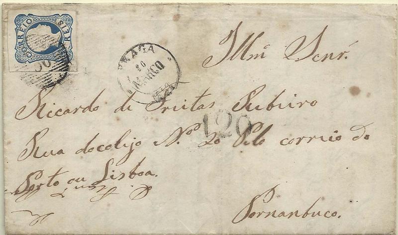0346.jpg -     Lote:    346            Portugal        Descrição:         1856/58 &mdash; D. Pedro V. Cabelos anelados. Carta circulada de Braga (26.03.57) para Pernambuco, com trânsito pelo Porto (27.03.57). Pagou pelo porte territorial 25 reis em selo CE12 com boas margens. Foi porteado pelo trajecto marítimo em 120 reis batido a preto. B e R.         Carta       Valor Base:     &euro; 50,00     Valor Venda:     &euro; 220,00       