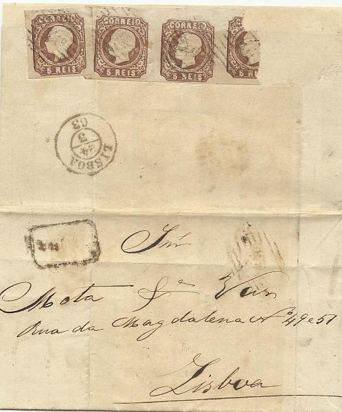 0355.jpg -     Lote:    355            Portugal        Descrição:         1862/64 &mdash; D. Luís. CE14, 5 reis castanho. Carta com defeitos circulada de Reguengos (23.03.1863) para Lisboa (24.03.63) com trânsito por Évora, com 4 selos (um rasgado ao meio) e com falta de outro selo, para completar o porte de 25 reis.         Carta       Valor Base:     &euro; 50,00     Valor Venda:     Retirado     