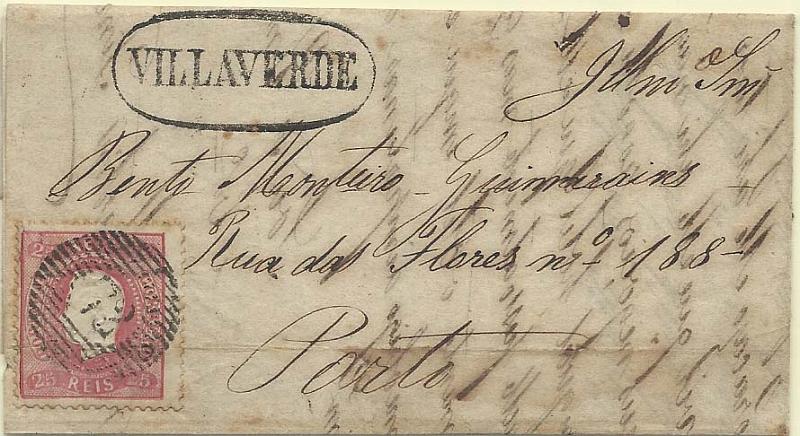 0361.jpg -     Lote:    361            Portugal        Descrição:         1867/1870 &mdash; D. Luís I. Fita curva, denteados. CE30, 25 reis rosa em carta circulada de Vilaverde (31.03.68) para o Porto (01.04.68). Marca nominativa "VILLAVERDE" e numérico da 1.ª reforma "72" tipo 20 barras.         Carta       Valor Base:     &euro; 30,00     Valor Venda:     &euro; 36,00       