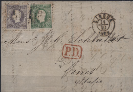 0363.jpg -     Lote:    363            Portugal        Descrição:         1867/70 &mdash; D. Luís I. Fita curva, denteados. Carta circulada de Lisboa (14.10.1869) para Itália (20.10.69) com selos de 50 reis verde e 100 reis lilás malva, CE31 e 33. MB e R.         Carta       Valor Base:     &euro; 300,00     Valor Venda:     Retirado     