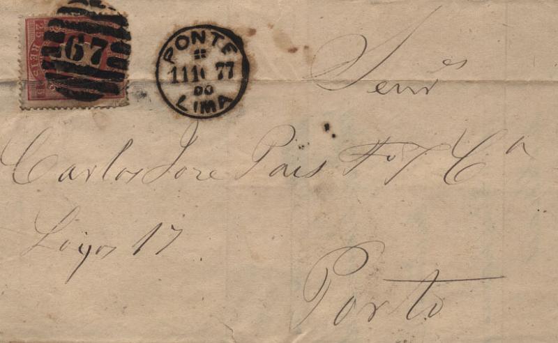 0365.jpg -     Lote:    365            Portugal        Descrição:         1870/76 &mdash; D. Luís I, fita direita. CE40, 25 reis, denteado 13 &frac12;, papel liso em carta circulada de Ponte de Lima (11.10.77) para o Porto (12.10.77). Carimbo numérico da 2.ª reforma "67" e circular datado de PONTE DE LIMA. MB.         Carta       Valor Base:     &euro; 15,00     Valor Venda:     Retirado     