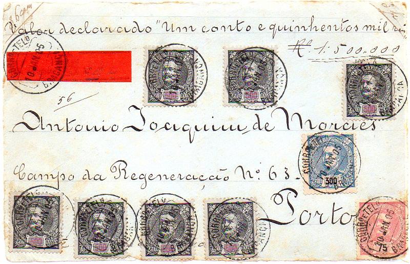 0374.jpg -     Lote:    374            Portugal        Descrição:         1895/96 &mdash; D. Carlos I Mouchon. Frente de valor declarado de 1.500$000 remetido de Bragança (10.01.05) para o Porto com selos de 75 reis, 300 reis e 7 selos de 500 reis, denteado 11 &frac12;, CE133, 138/139.         VD       Valor Base:     &euro; 30,00     Valor Venda:     &euro; 180,00       