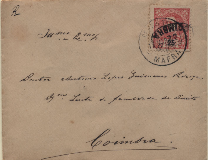 0375.jpg -     Lote:    375            Portugal        Descrição:         1898 &mdash; D. Carlos I Mouchon. Novas cores. CE141, 25 reis em sobrescrito circulado de Mafra (13.03.02) para Coimbra (14.03.02). Carimbo nominativo batido a preto "A.C DO C. / DE / COIMBRA" a obliterar o selo.         Carta       Valor Base:     &euro; 20,00     Valor Venda:     &euro; 20,00       