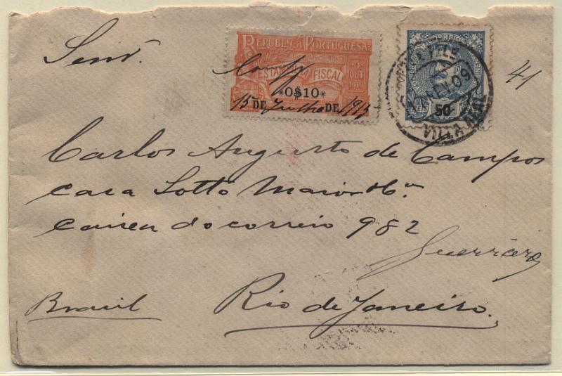 0376.jpg -     Lote:    376            Portugal        Descrição:         1898 &mdash; D. Carlos I Mouchon. Novas cores e valores. CE142, 50 reis ultramar em carta circulada de Vila Real (17.02.09) para o Rio de Janeiro. Em 15.07.1915 foi apenso a processo judicial tendo selado com estampilha do Imposto de selo de 0$10 PB845.         Carta       Valor Base:     &euro; 15,00     Valor Venda:     Retirado     