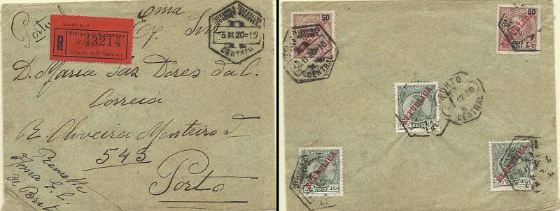 0498.jpg -     Lote:    498            Moçambique        Descrição:         1911/13 &mdash; D. Manuel II + D. Carlos I com sobrecarga REPUBLICA da Casa da Moeda. Sobrescrito circulado registado de L. Marques (05.11.20) para o Porto (03.12.20) com 3 selos de 10 reis verde CE120 e 2x50 reis castanho CE109.         Carta       Valor Base:     &euro; 20,00     Valor Venda:     &euro; 20,00       