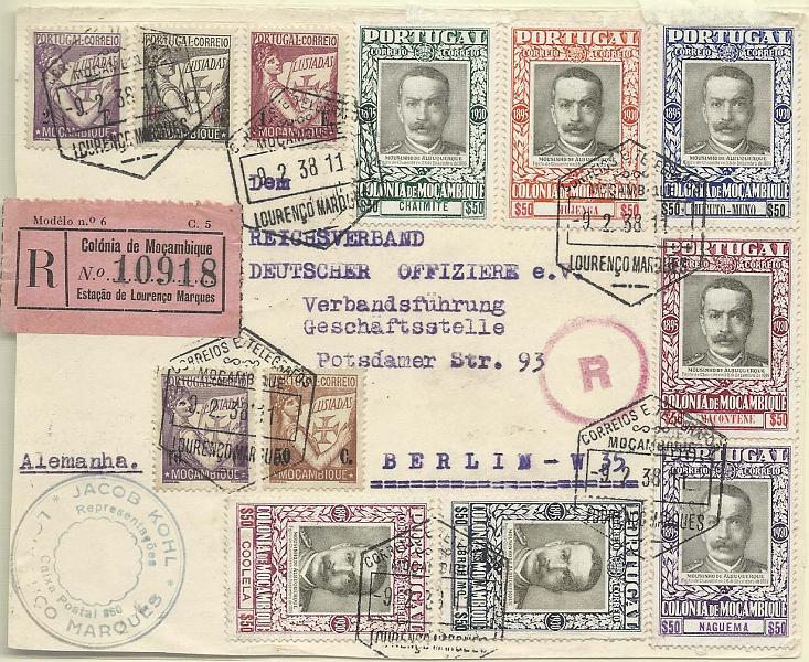 0506.jpg -     Lote:    506            Moçambique        Descrição:         1930-31 &mdash; Vitórias de Mousinho de Albuquerque. Frente de carta circulada registada de Lourenço Marques (9.2.38) para Berlim com série completa CE 263/9, selos da emissão Lusíadas de 10 ctvs, 50 ctvs, 15 ctvs, 1$00 e 2$00, perfazendo a franquia de 7$25, circulada fora do período. Muito bonita e Rara.         Carta       Valor Base:     &euro; 60,00     Valor Venda:     &euro; 75,00       
