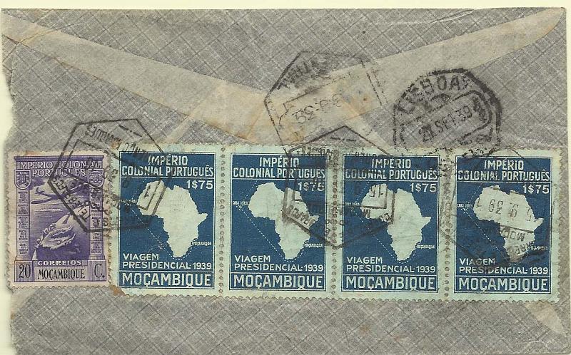 0510.jpg -     Lote:    510            Moçambique        Descrição:         1938/39 &mdash; Império Colonial Português + Segunda Viagem Presidencial às Colónias. Sobrescrito circulado registado por via aérea de L. Marques (15.09.39) para Lisboa (27.09.39) com selo de $20 CE CA2 e tira de 4 selos de 1$75 CE309.         Carta       Valor Base:     &euro; 12,00     Valor Venda:     Retirado     