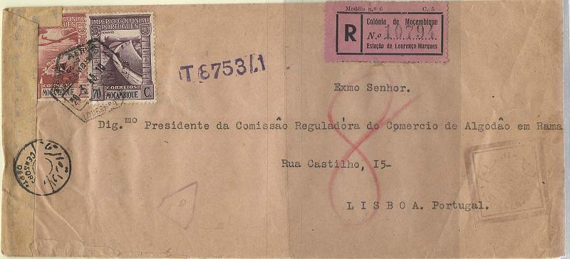 0513.jpg -     Lote:    513            Moçambique        Descrição:         1938 &mdash; Império Colonial Português * Correio Aéreo. Sobrescrito circulado registado por via aérea de Lourenço Marques (20.03.45) para Lisboa (12.04.45) com selos de 70c CE299+ 5$00 CE CA7. Censurado no Cairo (Carimbo e cinta).         Carta       Valor Base:     &euro; 15,00     Valor Venda:     Retirado     