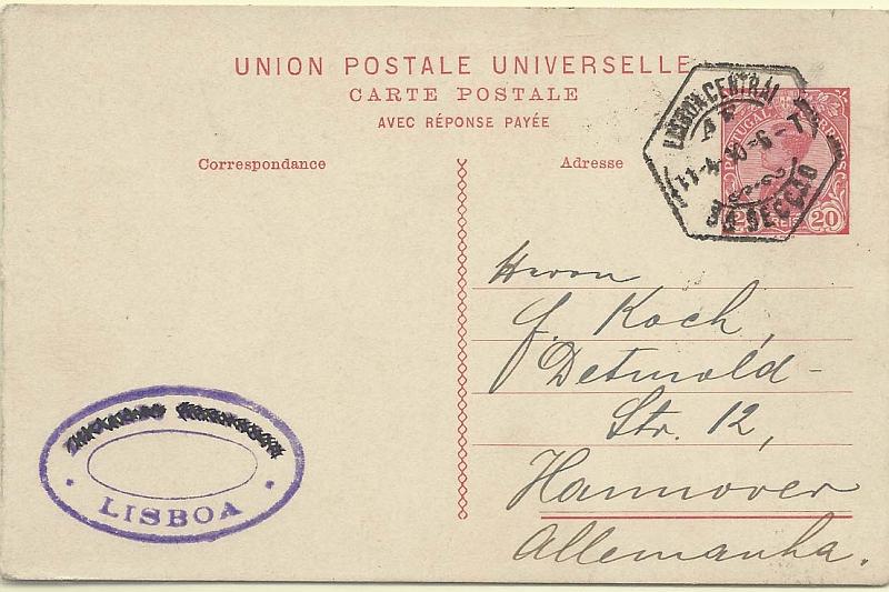 0573.jpg -     Lote:    573            Portugal        Descrição:         1910 &mdash; D. Manuel II. OM51, 20+20 reis carmim, cartolina branca. Circulado de Lisboa (11.04.10) para Hannover.         IC       Valor Base:     &euro; 12,00     Valor Venda:     &euro; 12,00       