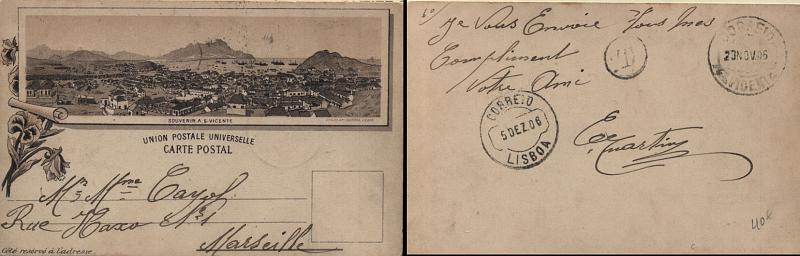 0695.jpg -     Lote:    695            Cabo Verde       Descrição:         Porteados. 1906 &mdash; Postal ilustrado (Souvenir de S. Vicente) circulado sem franquia de S. Vicente (23.11.06) para Marselha com trânsito por Lisboa. Porteado por falta de franquia.         PI       Valor Base:     &euro; 40,00     Valor Venda:     Retirado     