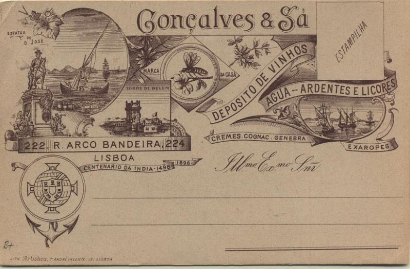 0788.jpg -     Lote:    788                   Descrição:         Publicitários &mdash; Gonçalves & Sá. Depósito de vinhos, água &mdash; aguardentes e licores. Comemorativo do Centenário da Índia (1498/1898). MB e MR.         PI       Valor Base:     &euro; 30,00     Valor Venda:     &euro; 30,00       