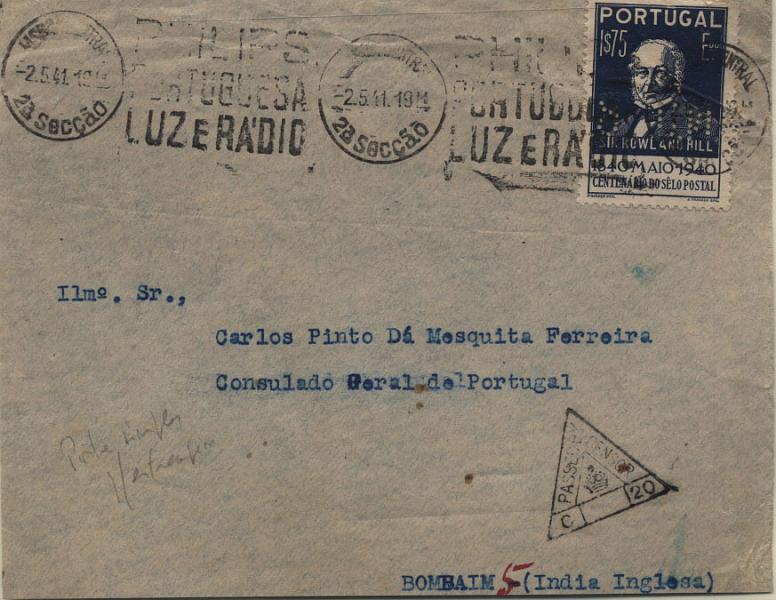 0812.jpg -     Lote:    812                   Descrição:         Perfurados. 1940 &mdash; Centenário do Selo Postal. Sobrescrito circulado de Lisboa (02.05.41) para Bombaim (11.07.41), com selo de 1$75 CE606, perfurado B.N.U. &mdash; BANCO NACIONAL Ultramarino.         Carta       Valor Base:     &euro; 20,00     Valor Venda:     Retirado     