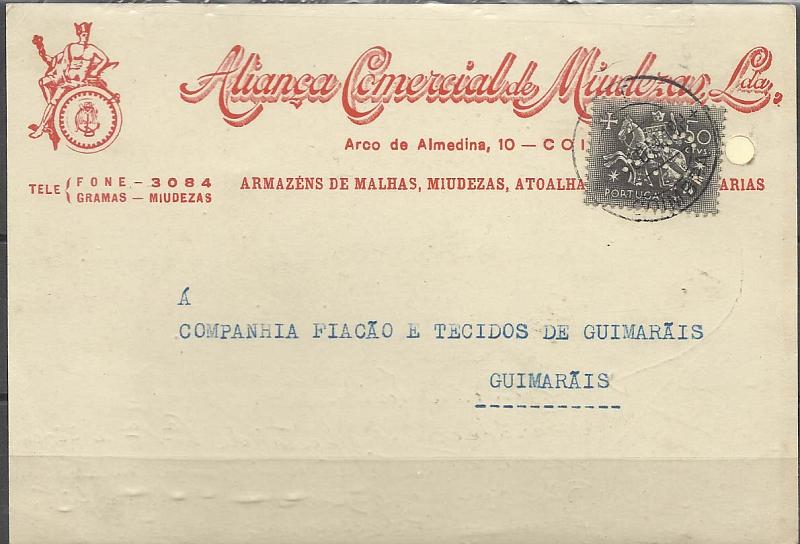 0819.jpg -     Lote:    819                   Descrição:         Perfurados. 1953 &mdash; Cavaleiro Medieval. CE766, $50 em postal ilustrado (furo de arquivo reparado) circulado de Coimbra (05.08.54) para Guimarães. Perfuração "A.C.", licenciada ALIANÇA COMERCIAL DE MIUDEZAS. LDA. Muito raro em peça.         PI       Valor Base:     &euro; 125,00     Valor Venda:     &euro; 160,00       