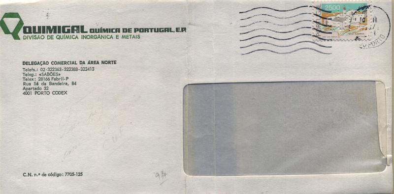 0822.jpg -     Lote:    822                   Descrição:         Perfurados. 1985/89 &mdash; Arquitectura Popular Portuguesa. Sobrescrito circulado do Porto (10.02.1987) com selo de 25$00 CE1716, perfurados com CUF &mdash; Companhia União Fabril.         Carta       Valor Base:     &euro; 15,00     Valor Venda:     &euro; 20,00       