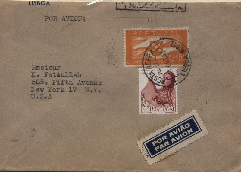 0896.jpg -     Lote:    896      Correio Aéreo      Portugal        Descrição:         1936/41 &mdash; Tipo Hélice. Sobrescrito circulado por via aérea de Lisboa (11.10.47) para Nova York (12.10.47) com selos $30 CE678 e 15$00 CE CA8. MB.         Aéreo       Valor Base:     &euro; 20,00     Valor Venda:     Retirado     