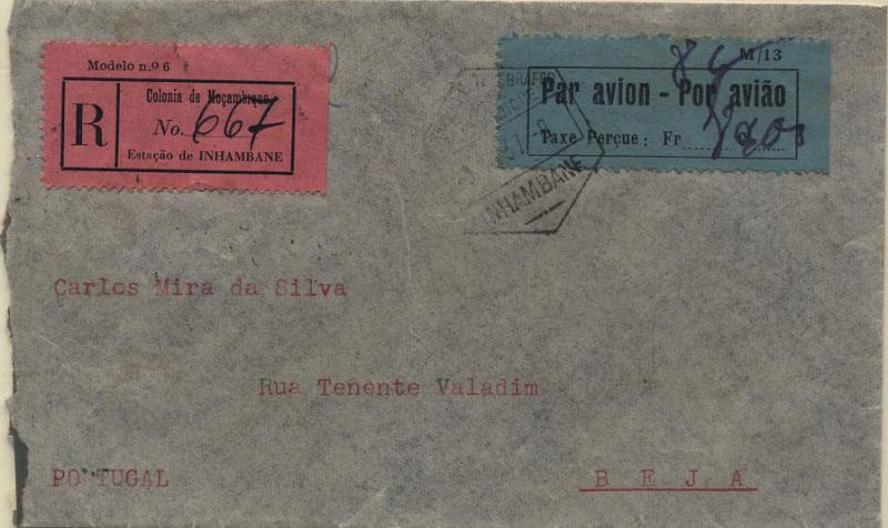 0904.jpg -     Lote:    904      Correio Aéreo      Moçambique        Descrição:         1936 &mdash; Sobretaxa do Correio Aéreo. Etiquetas Mod. 13. Sobrescrito circulado registado de Inhambane (21.10.37) para Beja (05.11.37) com trânsito por Lisboa (05.11.37) com etiqueta mod. 13 e porte manuscrito de 8$00, CE SCA5.         Aéreo       Valor Base:     &euro; 10,00     Valor Venda:     Retirado     