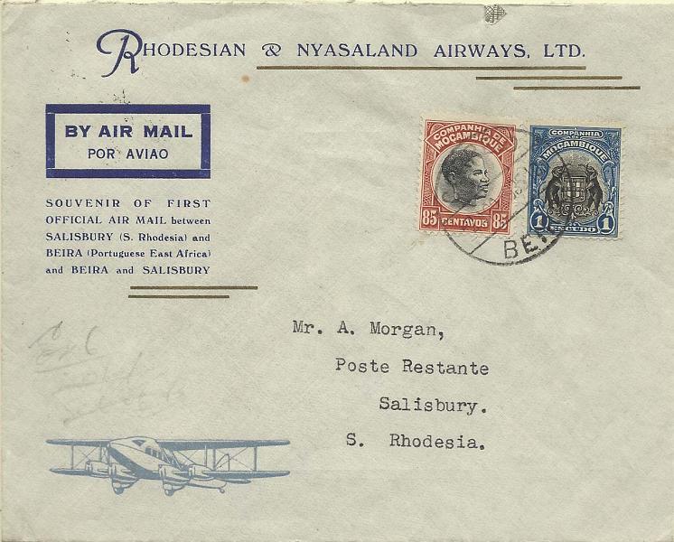 0907.jpg -     Lote:    907      Correio Aéreo      Moçambique        Descrição:         1935 - 1.º voo RANA * Beira &mdash; Salisburia. Sobrescrito circulado da Beira (02.08.35) com selos de 82c e 1E CE166 e 160.         Aéreo       Valor Base:     &euro; 10,00     Valor Venda:     &euro; 14,00       