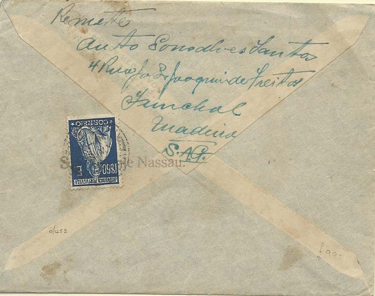 0916.jpg -     Lote:    916      Correio Marítimo       Portugal        Descrição:         Correio marítimo. Marcas dos paquetes holandeses. 1926 &mdash; Ceres. Emissão Londres. CE414, 1$60 azul, em sobrescrito lançado a bordo de paquete no Funchal, para Demerara (20.05.27). Carimbo batido a preto "S. S. ORANJE NASSAU", da KNSM - Royal Netherlands Staemship Co.. R.         Carta       Valor Base:     &euro; 100,00     Valor Venda:     Retirado     
