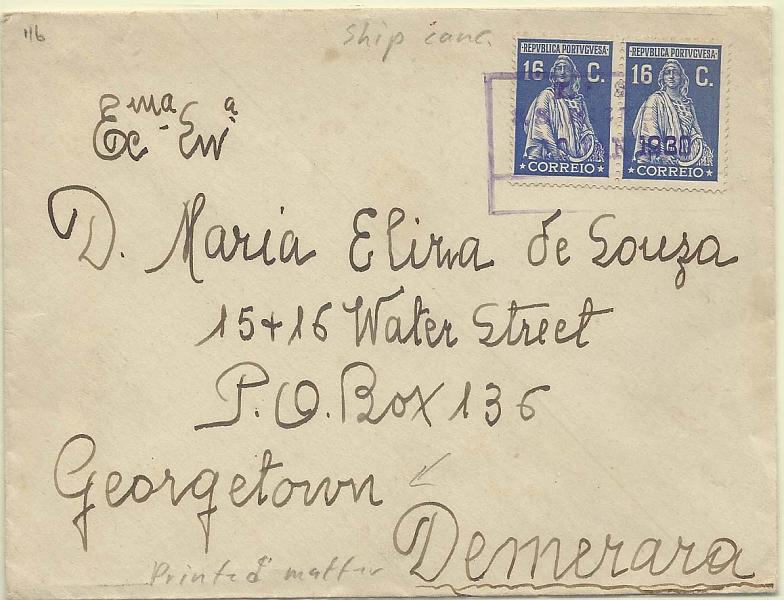 0917.jpg -     Lote:    917      Correio Marítimo       Portugal        Descrição:         Correio maritime. Marcas dos paquetes holandeses. 1926 &mdash; Ceres. Emissão Londres. CE403, 16c ultramar. Par em sobrescrito lançado a bordo de paquete com destino a Demerara (02.01.30). Carimbo rectangular batido a violeta "K. N. S. M. / S.S. NICKEL / 30 JAN 1930".         Carta       Valor Base:     &euro; 100,00     Valor Venda:     Retirado     