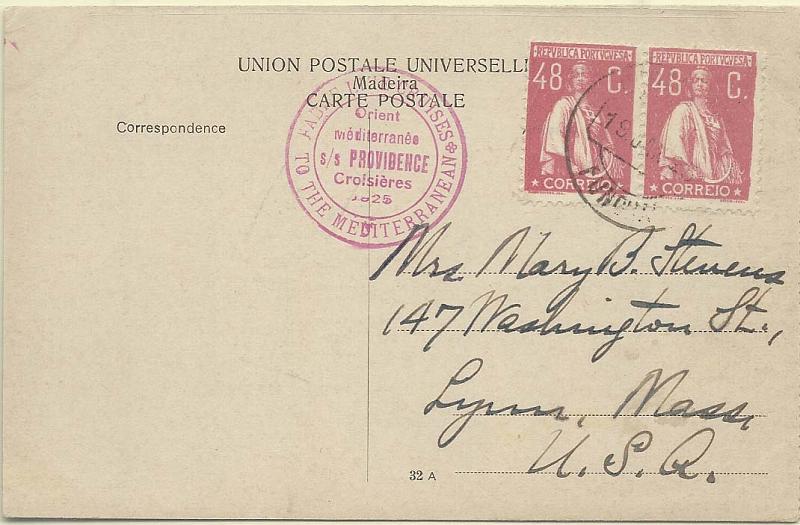 0918.jpg -     Lote:    918      Correio Marítimo       Portugal        Descrição:         Correio marítimo. 1924/26 &mdash; Ceres. Postal ilustrado circulado do Funchal (19.01.25) para os EUA, com par de selos de 46C rosa, CE284. MB e R.         PI       Valor Base:     &euro; 40,00     Valor Venda:     Retirado     