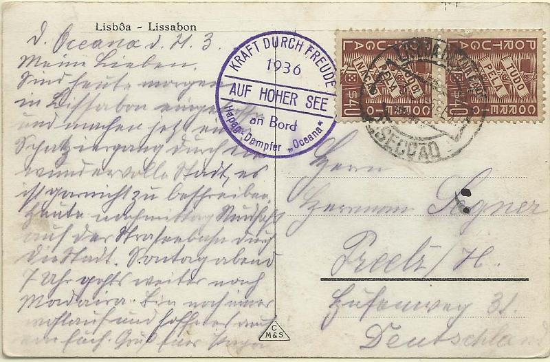 0919.jpg -     Lote:    919      Correio Marítimo       Portugal        Descrição:         Correio Marítimo. 1935 &mdash; Tudo pela Nação. Postal ilustrado lançado a bordo do Paquete alemão "OCEANA", com destino à Alemanha. Pagou o porte de $80 em Lisboa. Par de selos de $40 CE571.         PI       Valor Base:     &euro; 40,00     Valor Venda:     Retirado     