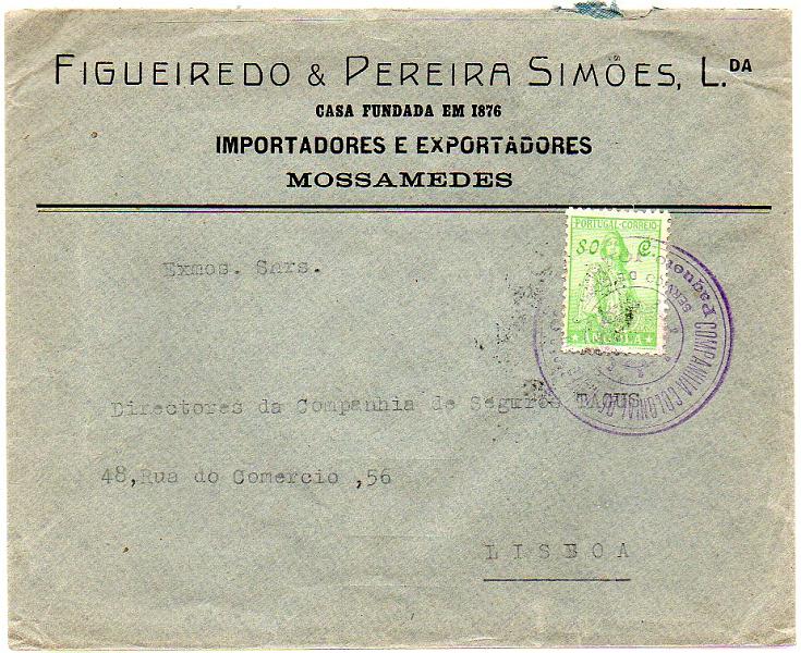 0928.jpg -     Lote:    928      Correio Marítimo       Angola        Descrição:         Correio marítimo. Carimbos dos paquetes portugueses. 1932 &mdash; Ceres, novo tipo. CE239, 80c em sobrescrito lançado a bordo do Paquete João Belo com destino a Lisboa (16.01.33). Carimbo batido a violeta "COMPANHIA COLONIAL DE NAVEGAÇÃO / SERVIÇO DE CORREIO / PAQUETE JOÃO BELO".         Carta       Valor Base:     &euro; 75,00     Valor Venda:     &euro; 120,00       