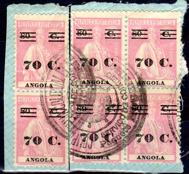 0929.jpg -     Lote:    929      Correio Marítimo       Angola        Descrição:         Correio marítimos. Marcas dos paquetes portugueses. 1925/26 &mdash; Ceres, com sobretaxa. CE225, 70c s/ 80c carmim rosa. Dois fragmentos com seis selos obliterados com carimbo batido em preto "COMPANHIA COLONIAL DE NAVEGAÇÃO / SERVIÇO DE CORREIO / PAQUETE MOUZINHO". MR.         FRG       Valor Base:     &euro; 40,00     Valor Venda:     Retirado     
