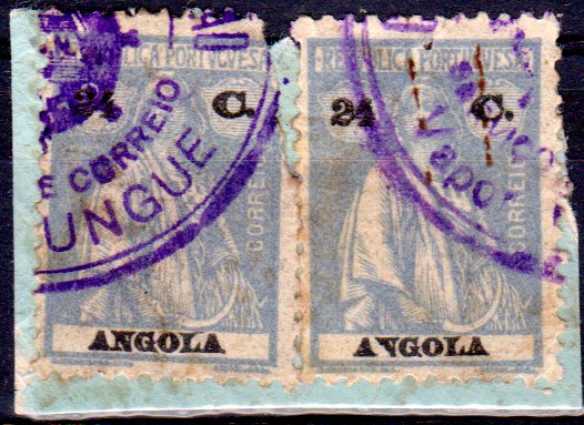 0931.jpg -     Lote:    931      Correio Marítimo       Angola        Descrição:         Correio marítimos. Marcas dos paquetes portugueses. 1925/26 &mdash; Ceres. CE214, 24c ultramar. Par horizontal em fragmento obliterados com carimbo batido a violeta "COMPANHIA COLONIAL DE NAVEGAÇÃO / SERVIÇO DE CORREIO / PAQUETE PUNGUE". MR.         FRG       Valor Base:     &euro; 25,00     Valor Venda:     Retirado     