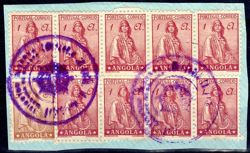 0932.jpg -     Lote:    932      Correio Marítimo       Angola        Descrição:         Correio marítimos. Marcas dos paquetes portugueses. 1932 &mdash; Ceres. CE241, 1Ag. Bloco de 10 selos em fragmento obliterados com carimbo batido a violeta "COMPANHIA COLONIAL DE NAVEGAÇÃO / SERVIÇO DE CORREIO / PAQUETE COLONIAL". MR.         FRG       Valor Base:     &euro; 40,00     Valor Venda:     &euro; 40,00       