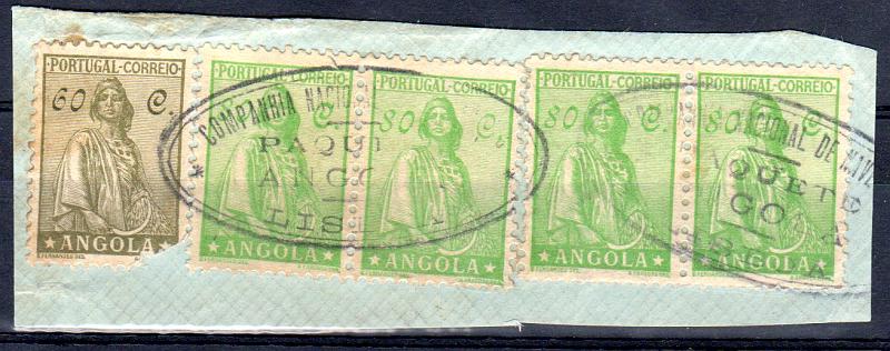 0933.jpg -     Lote:    933      Correio Marítimo       Angola        Descrição:         Correio marítimos. Marcas dos paquetes portugueses. 1932 - Ceres. Fragmento com selo de 60c CE237 e 4 selos de 80c CE239 obliterados com carimbo batido em preto "COMPANHIA NACIONAL DE NAVEGAÇÃO / PAQUETE ANGOLA / LISBOA". MB.         FRG       Valor Base:     &euro; 30,00     Valor Venda:     &euro; 70,00       
