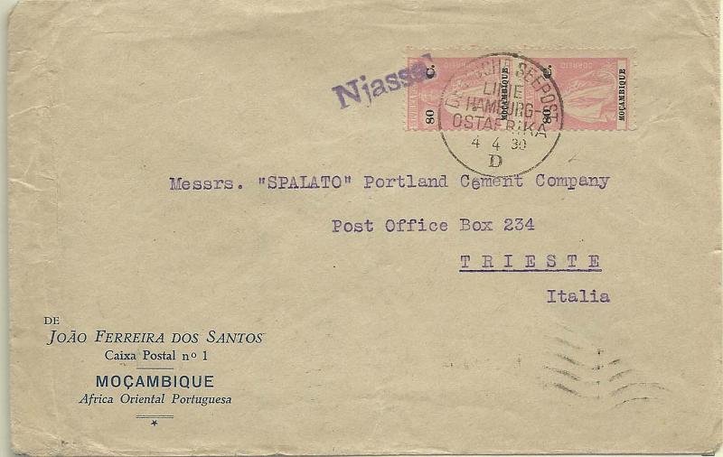 0934.jpg -     Lote:    934      Correio Marítimo       Moçambique        Descrição:         Correio marítimo. 1922 &mdash; Ceres. CE244, 80c carmim rosa. Par em sobrescrito lançado a bordo do paquete Njassa (04.04.30) para Trieste / Itália (30.04.30) com trânsito pela Beira (04.04.30). Carimbo nominativo do paquete batido a violeta "NJASSA" + carimbo circular "DEUTSCHE SEEPOST / LINIE HAMBURG OSTAFRIKA / D".         Carta       Valor Base:     &euro; 200,00     Valor Venda:     &euro; 320,00       