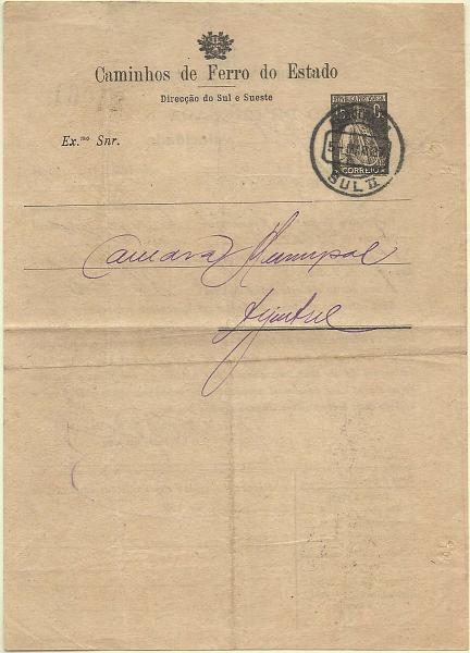 0938.jpg -     Lote:    938      Correio Ferroviário       Portugal        Descrição:          192&frac12;4 &mdash; Impressos Selados de Serviço. Caminhos de Ferro do Estado / Direcção Sul e Sueste. OM6, 15c preto, circulado pela "Ambulância / Sul II" (05.03.27) para Aljustrel. Carimbo ferroviário nominativo batido a preto "C.F.S.S / ALJUSTREL".         IC       Valor Base:     &euro; 300,00     Valor Venda:     &euro; 420,00       