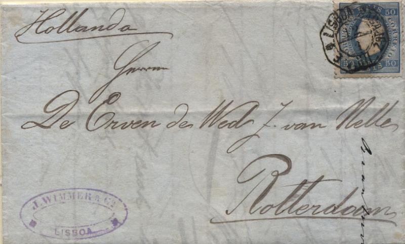 0940.jpg -     Lote:    940      Correio Ferroviário       Portugal        Descrição:         Correio ferroviário. 1879/80 &mdash; D. Luís I fita direita. Novas cores. Sobrescrito circulado de Lisboa para Rotterdam (16.01.81), pela ambulância ferroviária LISBOA-BADAJOZ (12.01.1881) com selo de 50 reis azul, denteado 13 &frac12;, CE50, Carimbo batido a preto. MB.         Carta       Valor Base:     &euro; 30,00     Valor Venda:     &euro; 42,00       