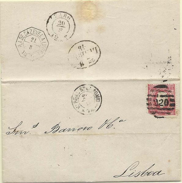 0941.jpg -     Lote:    941      Correio Ferroviário       Portugal        Descrição:         Correio ferroviário. 1870/76 &mdash; D. Luís I fita direita. Sobrescrito circulado de Vila Real de Santo António (20.08.78) para Lisboa (22.08.78) com trânsito por Faro (20.08.78). Carimbo octogonal da ambulância ferroviária "R.A. DE CAZEVEL A LISBOA / 21.8.1878" + carimbo da 2.ª reforma batido a preto "220". MB.         Carta       Valor Base:     &euro; 40,00     Valor Venda:     &euro; 40,00       