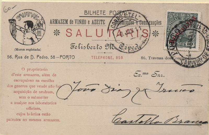 0943.jpg -     Lote:    943      Correio Ferroviário       Portugal        Descrição:         Correio ferroviário. Marcas de dia * duplo círculo. Postal ilustrado circulado do Porto (04.01.11) para Castelo Branco (06.01.11) com selo de 10 reis D. Manuel II com sobrecarga REPUBLICA CE172. Carimbo batido a preto "PORTO / CAMINHOS DE FERRO &mdash; CENTRAL".         PI       Valor Base:     &euro; 10,00     Valor Venda:     Retirado     