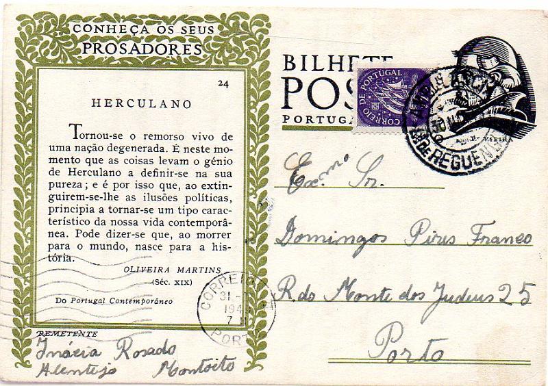0944.jpg -     Lote:    944      Correio Ferroviário       Portugal        Descrição:         Correio ferroviário. 1948 &mdash; Conheça a sua Poesia. Selo Padre Vieira. OM111, $30 "Prosadores", preto, n.º 24 * HERCULANO. Circulado com selo adicional de $20 Caravela, pela Ambulância da Linha de Reguengos (30.03.49) para o Porto. Carimbo batido a preto "AMBULÂNCIA / LINHA DE REGUENGOS". B e MR.         IC       Valor Base:     &euro; 20,00     Valor Venda:     &euro; 42,00       