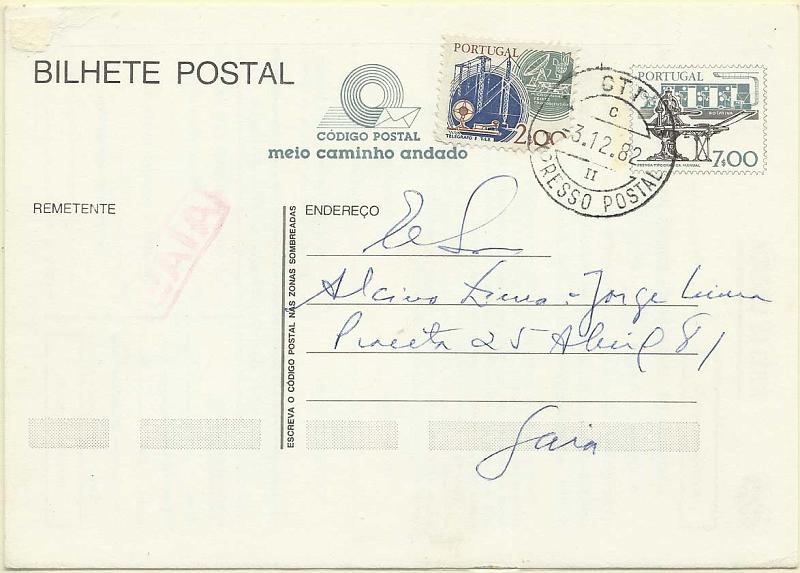 0949.jpg -     Lote:    949      Correio Ferroviário       Portugal        Descrição:         Correio ferroviário. 1978 &mdash; Instrumentos do Trabalho. OM191, 7$00 com adicional de 1$50 CE1360, circulado em Vila Nova de Gaia (03.12.82), repicado pela CP - Caminhos de Ferro Portugueses (Mod 22-066 * F90), obliterado com carimbo linear nominativo batido a vermelho "GAIA".         IC       Valor Base:     &euro; 10,00     Valor Venda:     Retirado     