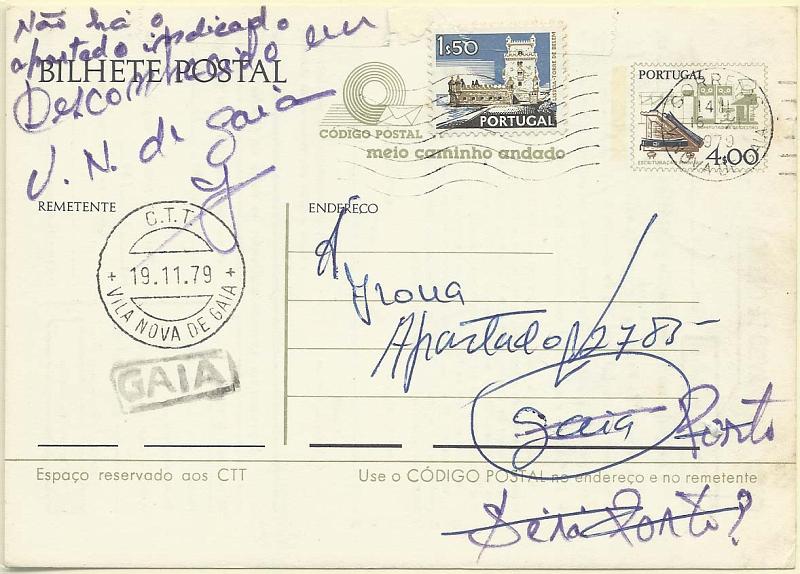 0950.jpg -     Lote:    950      Correio Ferroviário       Portugal        Descrição:         Correio ferroviário. 1978 &mdash; Instrumentos do Trabalho. OM171, 4$00 com adicional de 1$50 CE1131, circulado em Vila Nova de Gaia (19.11.79), repicado pela CP - Caminhos de Ferro Portugueses (Mod 22-066 * F90), obliterado com carimbo linear nominativo batido a preto "GAIA".         IC       Valor Base:     &euro; 10,00     Valor Venda:     Retirado     