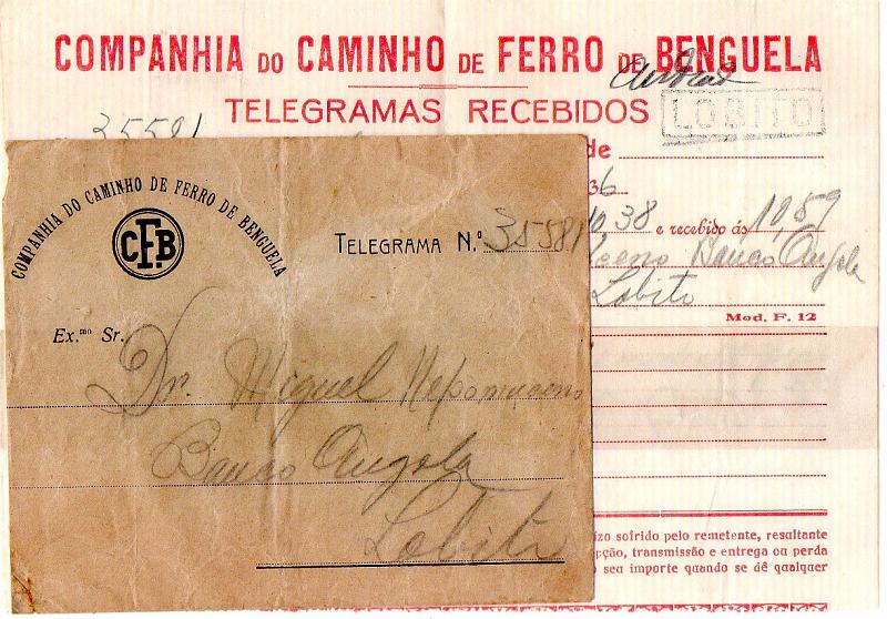0971.jpg -     Lote:    971      Correio Ferroviário       Angola        Descrição:         Correio ferroviário. Angola. Caminho de Ferro de Angola. Telegrama remetido de Nova Lisboa (16.09.36) para o Lobito. Marca nominativa LOBITO. Acompanha envelope do Telegrama. MB e MR.         DOC       Valor Base:     &euro; 100,00     Valor Venda:     &euro; 320,00       