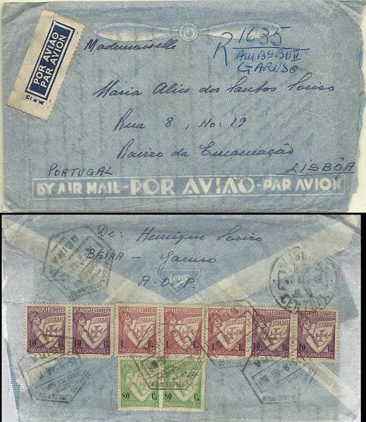 0974.jpg -     Lote:    974      Correio Ferroviário       Moçambique        Descrição:         Correio ferroviário. Ambulâncias. Marcas manuscritas. Sobrescrito circulado registado pela ambulância Beira &mdash; Umtali II para Lisboa (25.09.48) com trânsito pela Beira (15.08.48) com 4 selos de 10c CE272, 2 selos de 80c CE281 e 3 selos de 1E CE283. Registo da ambulância manuscrito a azul "R 1635 / AMB Bª BUII / GARUSO". B e MR.         Carta       Valor Base:     &euro; 150,00     Valor Venda:     &euro; 220,00       