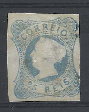 1222.jpg -     Lote:    1222            Portugal        Descrição:         1853 &mdash; D. Maria II. CE2, 25 reis azul esverdeado, cunho I. Selo com três margens normais e uma curta tocando o quadro. Leves transparências. Lote a ver. Valor de catálogo &euro; 2.910,00.         *       Valor Base:     &euro; 100,00     Valor Venda:     Retirado     
