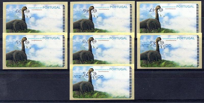 1445.jpg -     Lote:    1445            Portugal        Descrição:         1999 &mdash; Dinossáurios em Portugal. CE ETQ20. Máquina SMD. Dinossáurio Lourinhasaurus. Lote de 7 etiquetas com os valores de 2003 (correio ordinário + correio azul), impressos a preto, com valores para o ano de 2003, todos invertidos.. MB e MR.         ETQ       Valor Base:     &euro; 100,00     Valor Venda:     Retirado     