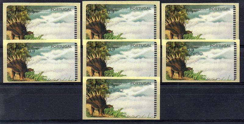1446.jpg -     Lote:    1446            Portugal        Descrição:         1999 &mdash; Dinossáurios em Portugal. CE ETQ20. Máquina SMD. Dinossáurio Dacentrurus. Lote de 7 etiquetas com os valores de 2003 (correio ordinário + correio azul), impressos a preto, com valores para o ano de 2003, todos invertidos. MB e MR.         ETQ       Valor Base:     &euro; 100,00     Valor Venda:     Retirado     