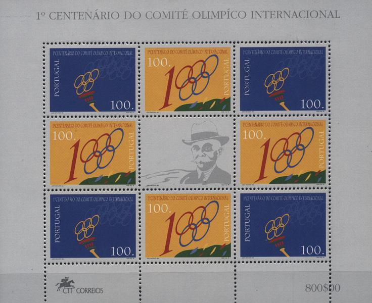 1472.jpg -     Lote:    1472            Portugal        Descrição:         1994 &mdash; 1.º Centenário do Comité Olímpico Internacional. Folha miniatura. CE FM12. Valor de catálogo &euro; 36,00.         ***       Valor Base:     &euro; 10,00     Valor Venda:     &euro; 10,00       