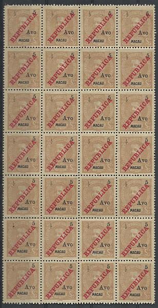1652.jpg -     Lote:    1652            Macau        Descrição:         1913 &mdash; D. Carlos I, com sobretaxa e sobrecarga REPUBLICA da Casa da Moeda. CE198, &frac12; s/ 5 avos castanho amarelo. Folha completa de 28 selos. Valor de catálogo &euro; 176,40.         *       Valor Base:     &euro; 60,00     Valor Venda:     &euro; 75,00       